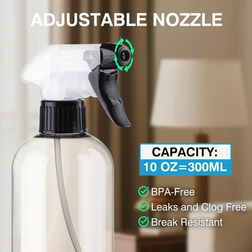 Miniatura 3 de Botellas pulverizadoras de plástico sin BPA, 10 oz/10.1 fl oz, rociador ajustable, recipiente vacío recargable, corriente de niebla para regar
