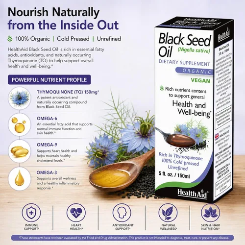 Miniatura 4 de HealthAid Aceite de semilla negra – Orgánico, prensado en frío Nigella Sativa – Estandarizado 150 mg de timoquinona – Apoya la función inmunológica
