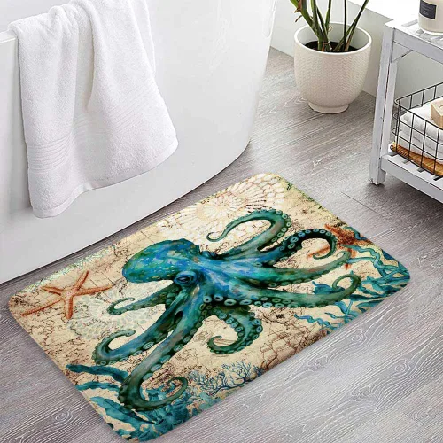 Miniatura 5 de Boziqr Alfombra de baño náutica vintage de pulpo, alfombra de baño retro océano playa, absorbente de agua, antideslizante, alfombra de ducha