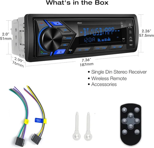 Miniatura 8 de Radio marina estéreo Bluetooth para automóvil: sistema de audio con pantalla LCD de un solo DIN - Reproductor de MP3 multimedia Indash con receptor