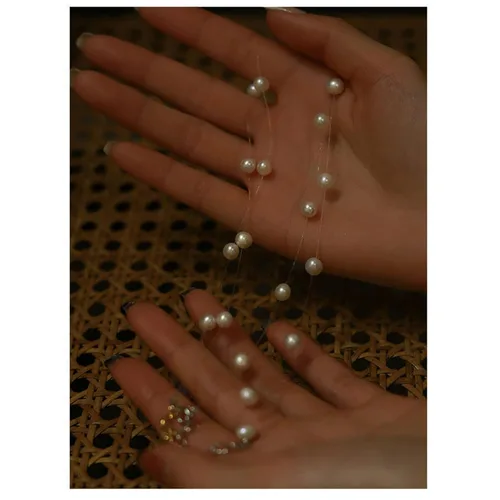 Miniatura 4 de Gargantilla bohemia con hebras de perlas invisibles, cadena satélite de perlas pequeñas, collar de perlas barroco, collar de perlas con cuentas