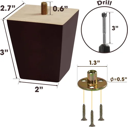 Miniatura 3 de Juego de 4 patas de madera para muebles (incluye broca) - Patas cuadradas para sofá, pierna de sofá - Patas de repuesto marrones de mediados