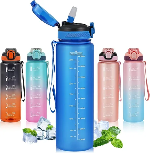Miniatura 12 de Botella de agua deportiva con popote, botellas de agua de 32 onzas con marcador de tiempo para niños y niñas, botella de agua simple y moderna