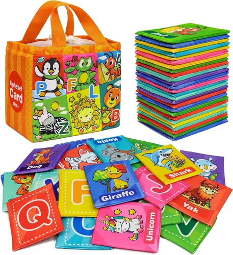 Dr.Rapeti Tarjetas suaves del alfabeto, 26 piezas del alfabeto ABC, 26 tarjetas flash de letras con bolsa de almacenamiento, lavable, no tóxico,