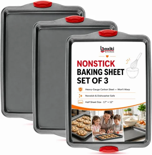 Miniatura 8 de Boxiki Kitchen - Bandeja para hornear antiadherente – Acero al carbono de calibre pesado, resistente a deformaciones, abolladuras y óxido – Bandejas