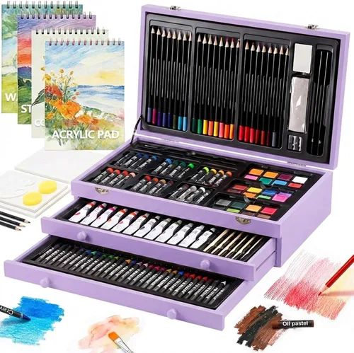 Miniatura 9 de Juego de arte de lujo de 194 piezas, suministros de pintura y dibujo con 4 blocs de dibujo, pinturas acrílicas, crayones, juego de lápices de Rosa