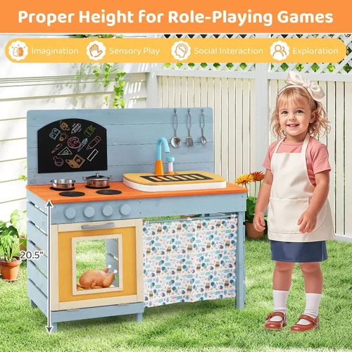 Miniatura 5 de HONEY JOY Cocina de barro, cocina de madera de cedro para niños pequeños, grifo real con agua corriente, fregadero, accesorios de cocina, pizarra