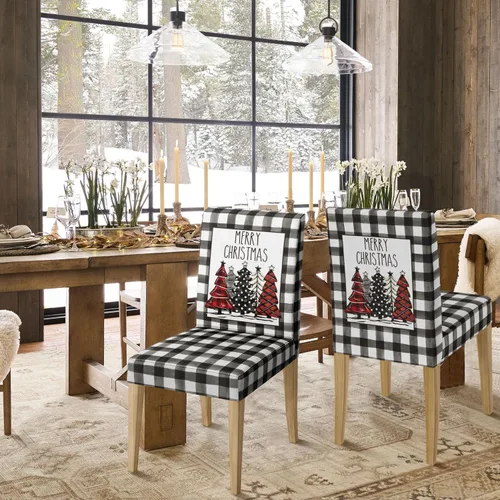 Miniatura 4 de Horaldaily 4 fundas para sillas de comedor de Navidad, diseño de árboles de búfalo negro, elástico, extraíble, lavable, protector de silla