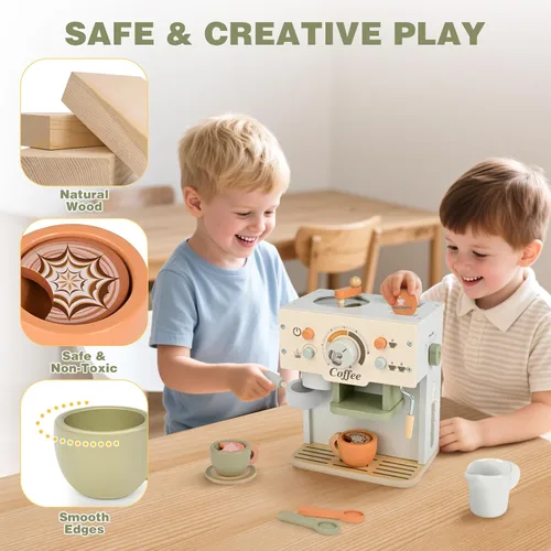 Miniatura 5 de Dreamon Cafetera de Juguete para Conjunto de Cocina de Niños, Accesorios de Cocina de Madera Juego de Simulación Conjunto de Juego de Café