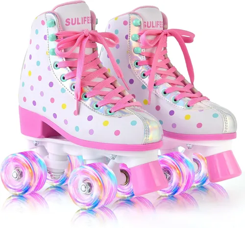 Miniatura 8 de SULIFEEL Patines de ruedas para niñas y mujeres con ruedas iluminadas y patrón de lunares, patines para niños y adultos para uso en interiores y al