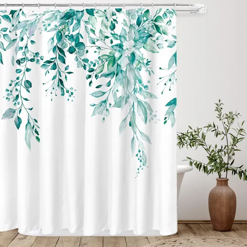 Miniatura 37 de Tititex Spun Sugar - Juego de cortinas de ducha de eucalipto azul claro, hojas de acuarela brillantes en la parte superior, decoración floral