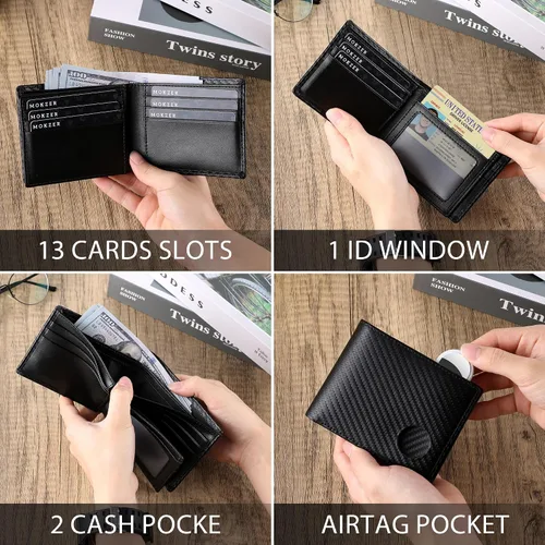 Miniatura 3 de Swallowmall AirTag Billetera para hombre con bloqueo RFID, de piel auténtica, plegable, para AirTag con 1 ventana de identificación, 13 tarjeteros