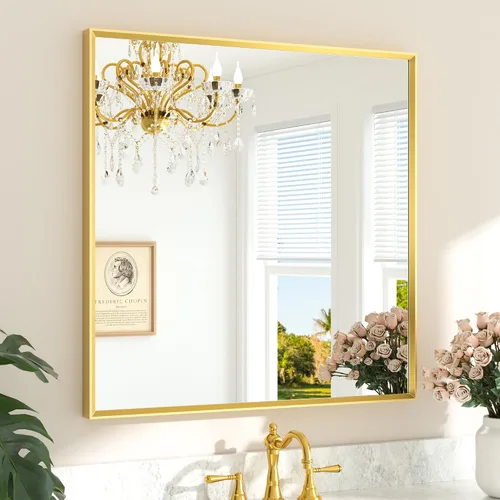 Miniatura 56 de TETOTE Espejo de Baño Dorado de 16" x 20" Latón Dorado Cepillado Rectangular con Marco Biselado Espejo de Tocador de Baño para Sobre el Lavabo
