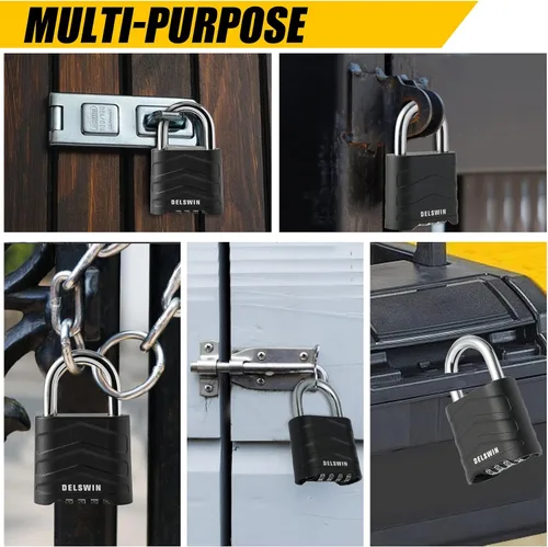 Miniatura 6 de DELSWIN Paquete de 3 candados de combinación grande, 4 dígitos reiniciables con grillete de acero endurecido, cuerpo de aluminio de seguridad