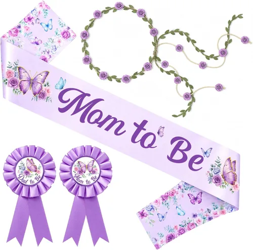 Chunful Butterfly Theme Mom to Be Sash Baby Shower Dad to Be Pin and Flower Crown Headband for Gender Reveals Party Baby Shower Party Favors for