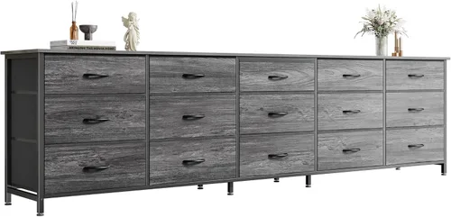 Miniatura 10 de Huuger Cómoda de 78.7 pulgadas de largo para dormitorio, cómoda de tela con 15 cajones para armario, soporte de TV grande para TV de 65, 75, 85