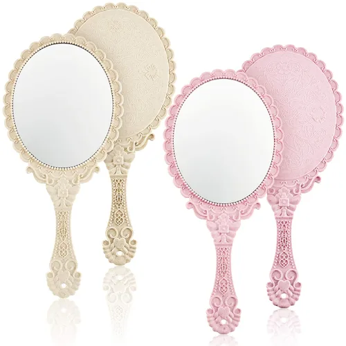 Jetec Espejo de mano vintage de 2 piezas, espejo de flores en relieve, decorativo, compacto con asa, para maquillaje facial, viajes, estética Crema