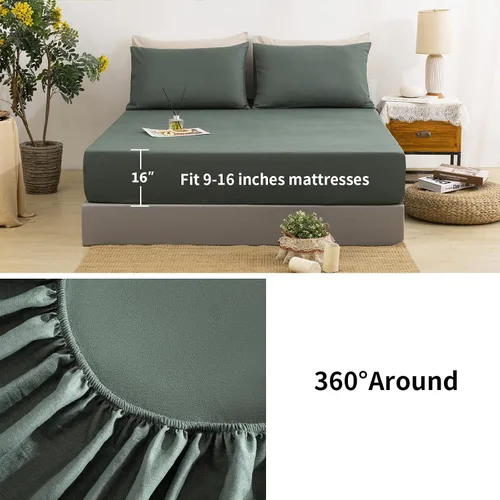 Miniatura 3 de TUMEI - Juego de ropa de cama de lino de 4 piezas, tamaño king, verde, suave, transpirable y duradero, con sábana ajustable de bolsillo profundo