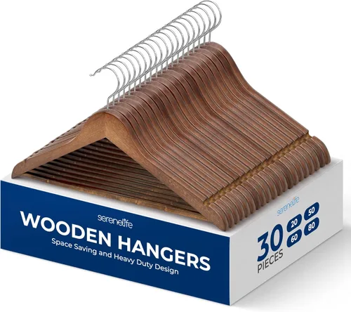 Miniatura 9 de SereneLife Paquete de 30 perchas de madera resistente – Juego de perchas de madera maciza con gancho giratorio de 360°, barra para pantalones