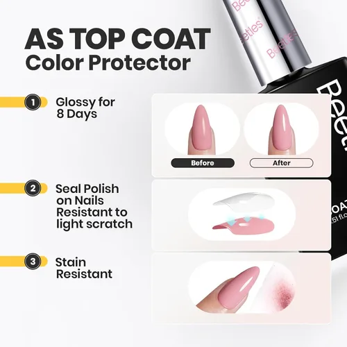 Miniatura 5 de Beetles - Esmalte de uñas 2 en 1, base y capa superior, esmalte de uñas transparente, de secado rápido, fortalecimiento de uñas natural, efecto