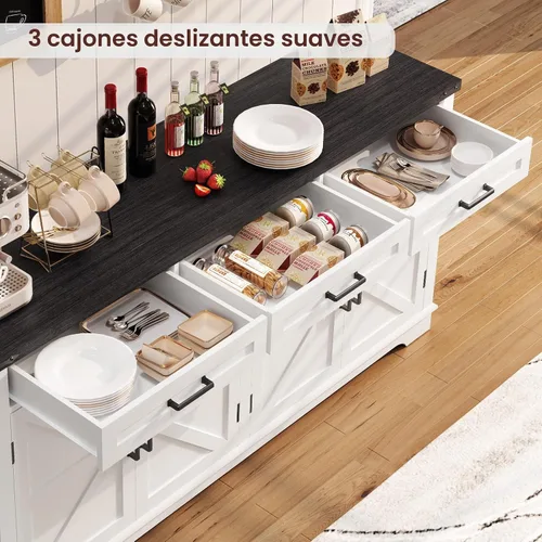 Miniatura 6 de usikey Aparador grande de 61 pulgadas con 4 puertas y 3 cajones, mesa de buffet de granja, armario de almacenamiento de comedor para cocina o sala