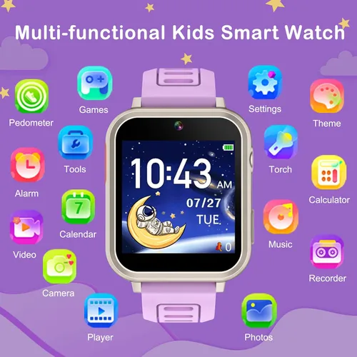 Miniatura 2 de Phyulls Reloj inteligente para niños, reloj inteligente con 39 juegos, cámara, grabadora de video, calculadora de alarma musical, calendario, Negro