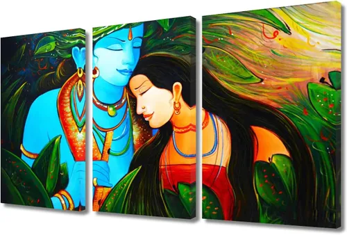 Miniatura 58 de Pintura india hindú Dios Señor Krishna imágenes sobre lienzo, arte de pared de 3 piezas, arte de pared moderno, decoración del hogar para sala