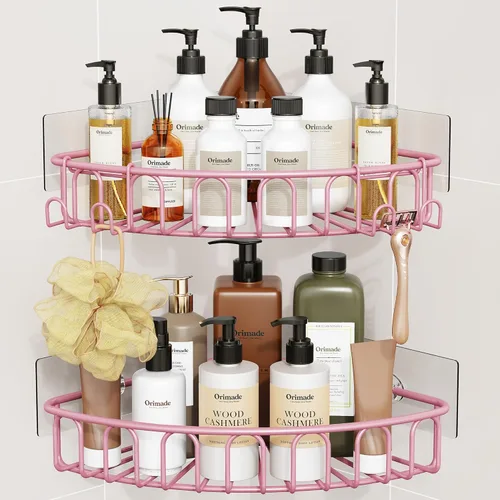 Miniatura 13 de Orimade Organizador de ducha esquinero con 2 ganchos montado en la pared de metal para baño, organizador de almacenamiento, adhesivo, sin Negro mate