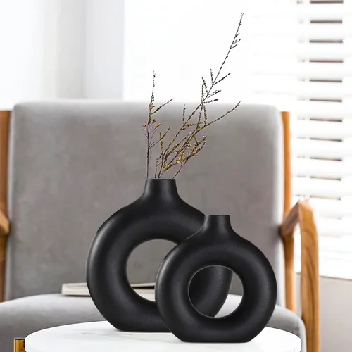 Miniatura 8 de Juego de 2 jarrones de cerámica, jarrones modernos para decoración del hogar, estilo bohemio blanco para sala de estar, cocina, chimenea, recámara