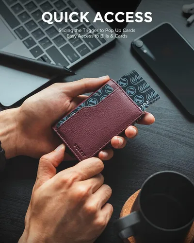 Miniatura 2 de VULKIT Tarjetero con ventana de identificación, tarjetas emergentes, delgada, de cuero, con protección RFID, hasta 12 tarjetas, funda para tarjetas