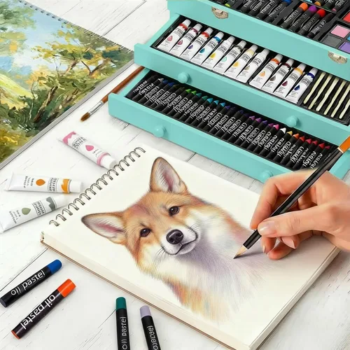 Miniatura 3 de Juego de arte de lujo de 175 piezas en madera, kit de dibujo y pintura con 2 blocs de dibujo, pinturas acrílicas, lápices de colores, lápices