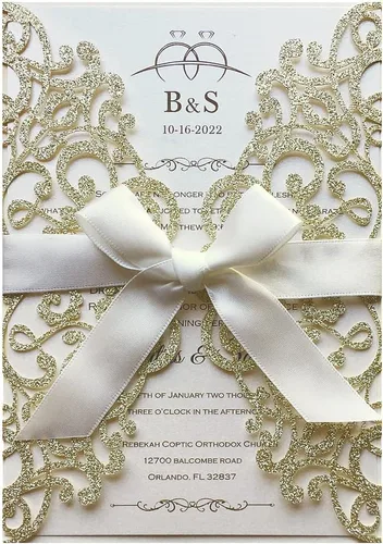 Kit de invitaciones de boda de 5.12 x 7.28 pulgadas, 20 unidades de champán en blanco, con purpurina, cortadas con láser, tarjetas de invitación de