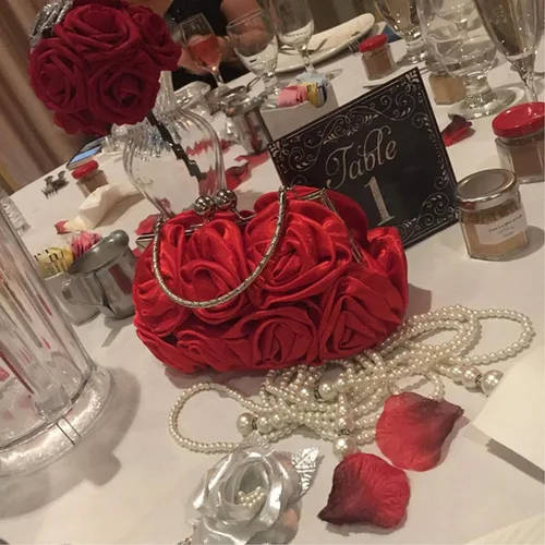 Miniatura 6 de RARITYUS Bolso de noche para mujer con forma de rosa de satén sedoso con elegante asa de metal para fiesta, boda