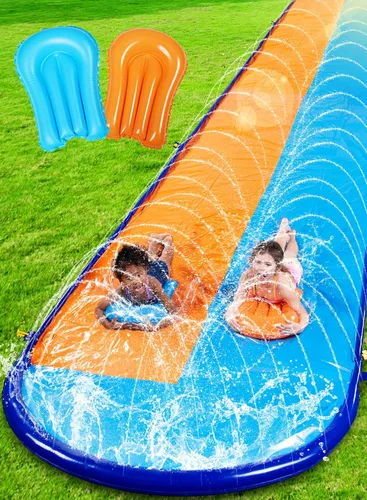 Sloosh Toboganes de agua dobles de 22.5 pies, tobogán de césped resistente con aspersor y 2 tablas inflables, patio trasero, césped, verano, juguete