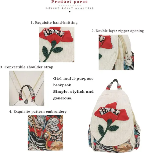 Miniatura 43 de HUANGGUOSHU Mochila de algodón tejida de algodón bohemio con bordado de lona estilo bohemio con múltiples bolsillos retro linda mochila cartera