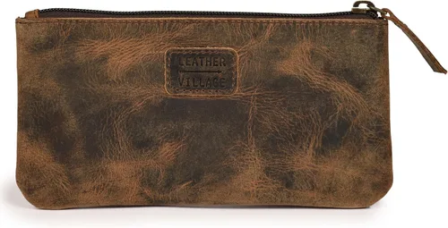 Miniatura 2 de LEATHER VILLAGE Estuche de Cuero para Lápices y Bolígrafos - Marrón Rústico/Vintage - 8"X4" - Doble Bolsillo - Elegante y Práctico Estuche