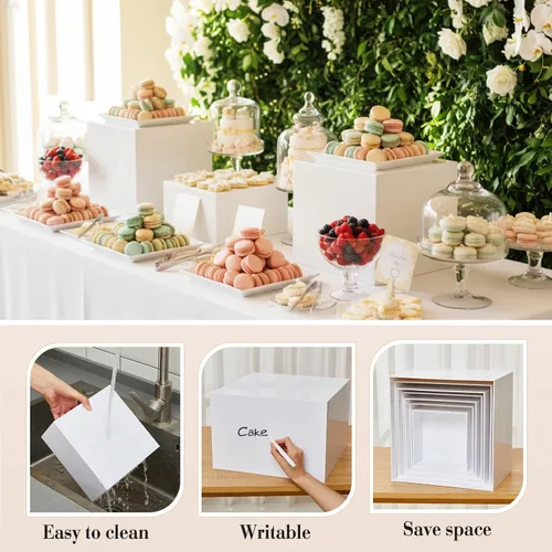 Miniatura 3 de Leinuosen Juego de 7 elevadores de buffet extra grandes de 8" a 14" caja de exhibición de acrílico cuadrada elevador de mesa de postres para Blanco