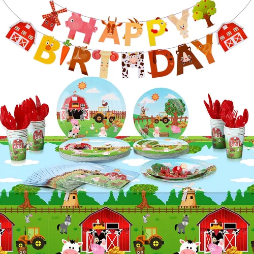 Pajean 171 Piezas Decoraciones de Cumpleaños de Granja Suministros para Fiesta Temática de Animales de Feliz Cumpleaños para 24 Invitados Platos de