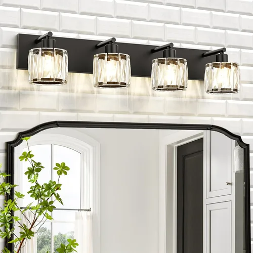 Miniatura 22 de VOLISUN Luces de tocador de cristal – 4 luces modernas de acero inoxidable para baño sobre espejo, acabado cromado – Certificado UL