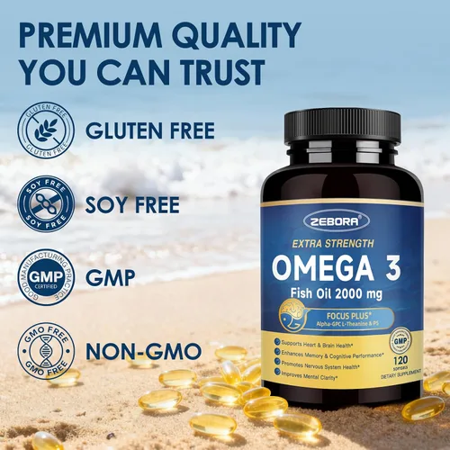 Miniatura 7 de ZEBORA Aceite de pescado Omega-3 de 2000 mg - DHA y EPA Omega 3 de alta potencia con alfa-GPC y PS para cerebro, cognición y soporte cardíaco