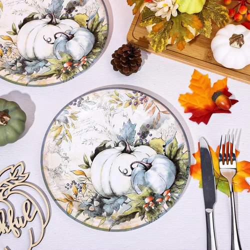 Miniatura 3 de AnyDesign 40 platos de papel de otoño, platos redondos desechables de calabaza verde azulado retro de 9 pulgadas, plato de postre para otoño