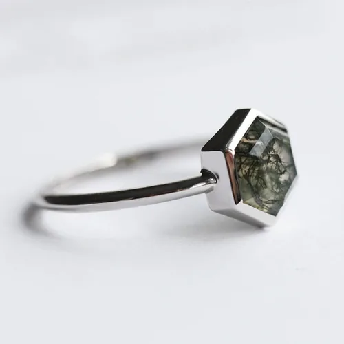 Miniatura 2 de Hexagon Moss Agate Ring, hexagone ring, hexagon engagement ring, moss agate ring, hexagon ring, moss agate double band ring, rings AAA