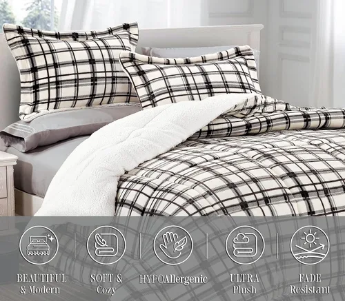 Miniatura 2 de Elegant Comfort Edredón Sherpa suave y afelpado, colección Lilith a cuadros, juego de cama de 3 piezas, reversible de microgamuza alternativa al