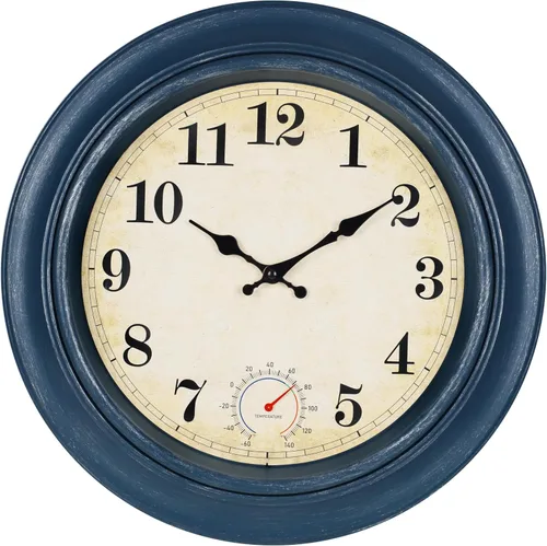 Miniatura 13 de Relojes para exteriores impermeables con termómetro, reloj de pared costero rústico para patio, piscina, jardín (12 pulgadas, azul)