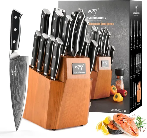Miniatura 8 de Juego de cuchillos de cocina, juego de cuchillos de cocina de Damasco de 18 piezas con bloque, mango ergonómico de ABS para juego de cuchillos