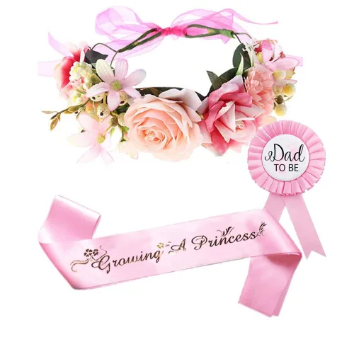Decoración de baby shower para niñas, tiara ajustable de corona de flores y banda de princesa creciendo, pin de papá, regalos de fiesta rosa para