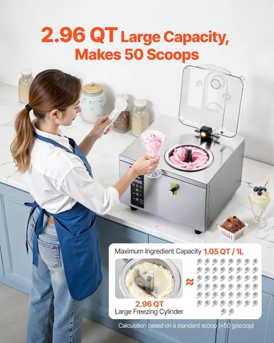 Miniatura 3 de VEVOR Máquina comercial de helado duro, 500 W, 1.32 galones/hora, heladera de gelato duro con cilindro de acero inoxidable 304 de 2.8 L, panel LED