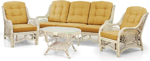 Miniatura 2 de Malibu Lounge Juego de 4: 2 sillas de mimbre de ratán natural, sofá de tres plazas con cojines marrón claro y mesa de centro con vidrio hecho a