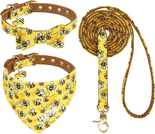 Miniatura 9 de PUPTECK Juego de collar y bandana para perro, paquete de 3 pinzas ajustables para el pelo de mascotas con pajarita y campanas, piel sintética suave