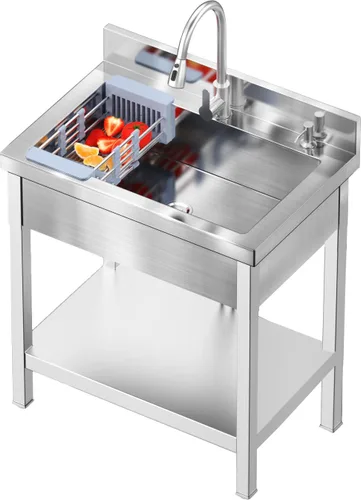 Fregadero Utilitario de Acero Inoxidable, Fregadero Independiente de 28" con Grifo Retráctil de Agua Fría y Caliente, Mangueras y Kit de Drenaje